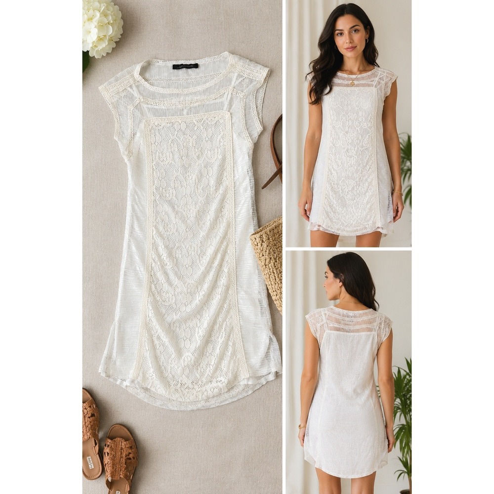 Zara Woman Lace Shift Mini Dress Women's L Ivory Sheer Layered Bridal Coquette - Picture 4 of 12